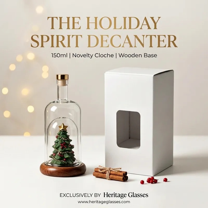 Kerst decanter 150ml met kerstboom en houten voet naast witte geschenkdoos