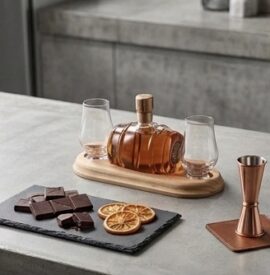 Glazen Whiskykaraf in Vatvorm (200ml) met 2 Glazen op Houten Standaard